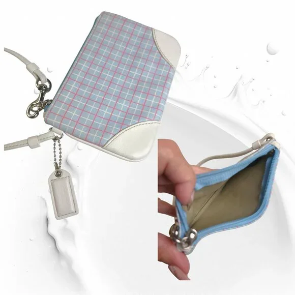 Vintage COACH Soho pastel blue plaid tote with vachetta leather & wristlet - Picture 14 of 15